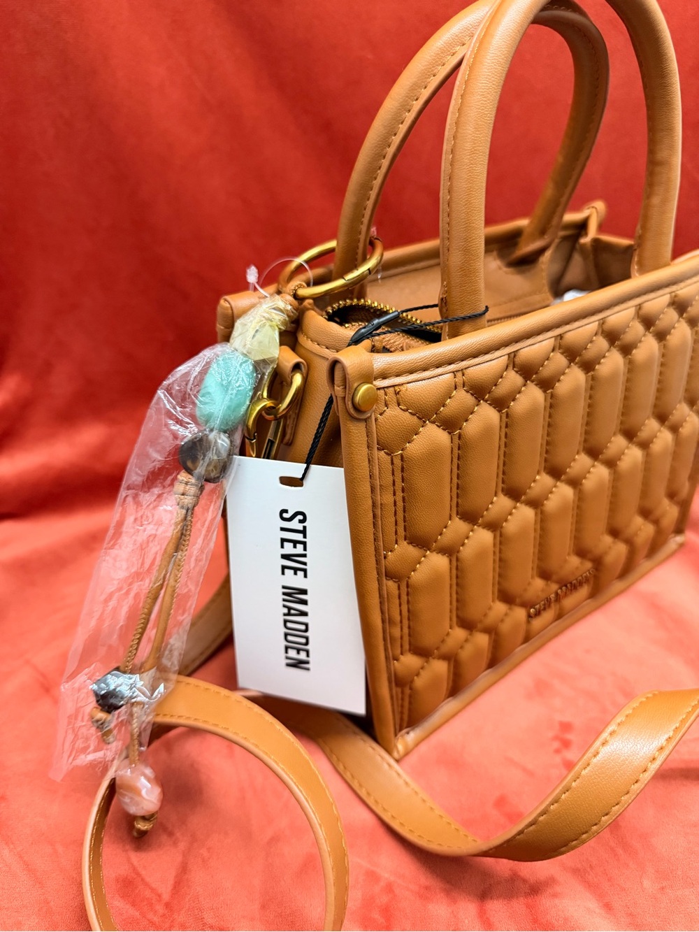 Steve Madden Quilted Caramel Tan Satchel with Crossbody Strap - Picture 3 of 4